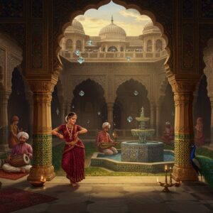 An ornate Deccan palace courtyard at golden hour, featuring a harmonious blend of Hindu and Islamic architectural elements. Intricately carved pillars with lotus motifs merge with pointed Islamic arches adorned with geometric patterns in gold and deep blue. In the foreground, a classical Indian dancer in a rich maroon silk costume performs Perini Shivatandavam, while musicians play traditional instruments like veena and dholak. The background showcases Bidri craftsmen creating silver-inlaid works, and Kalamkari artists painting vibrant textiles. Glowing diyas and brass lamps illuminate the scene, casting dramatic shadows on the detailed stone walls. A peacock displays its feathers near a fountain decorated with Persian-style ceramic tiles in turquoise and cobalt. The scene includes floating Golconda diamonds catching light, creating prismatic effects. Art style combines traditional Deccani miniature painting techniques with modern digital art, emphasizing rich jewel tones of deep maroon, royal blue, and burnished gold. Ethereal atmospheric lighting with subtle rays of sunlight filtering through carved jalis, creating patterns on the marble floor.