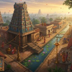 A mystical aerial view of Tiruvelukkai village at golden hour, featuring intricate Madhubani-style patterns woven into the landscape. The famous temple tower dominates one corner with its traditional Dravidian architecture, while hidden pathways lead to lesser-known treasures - a serene lotus pond with stone steps, ancient banyan trees with prayer threads, and small street-side shrines adorned with fresh flowers and oil lamps. Local women in colorful sarees carrying brass vessels walk along narrow streets lined with traditional Tamil houses featuring ornate doorways and kolam patterns. The scene is rendered in rich jewel tones of deep maroon, peacock blue, and temple gold, with ethereal light rays filtering through morning mist. Small vignettes in Pattachitra style showcase local artisans working with bronze, silk weavers at their looms, and street food vendors. The composition includes detailed architectural elements like carved pillars, stone sculptures, and temple tanks, all connected by glowing golden threads symbolizing hidden cultural connections. The scene is enhanced by soft pastel highlights and floating lotus petals, creating a dreamy, surreal atmosphere while maintaining cultural authenticity.