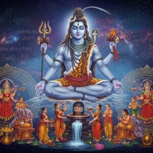A majestic Lord Shiva in meditation pose, floating above a cosmic background, with 4 hands - upper right holding trishul, upper left holding damru, lower hands in dhyan mudra. His form ethereal and semi-transparent, merging with the cosmos. His body adorned with vibhuti, serpent around neck, crescent moon in matted locks, third eye prominent. Below him, a panoramic scene divided into three interconnected circular mandala patterns: first showing classical Indian dancers performing tandav, second showing devotees performing abhishekam with milk on shivling, third showing modern Indian artists creating Shiva-inspired digital art. The entire scene illuminated by soft blue light emanating from Shiva, with intricate Madhubani-style patterns in gold forming the borders. Sacred river Ganga flowing through the composition, transforming from realistic to abstract patterns. Floating lotus flowers, rudraksha beads, and modern geometric elements blend seamlessly. Art style combines hyperrealistic digital art with traditional Indian Pattachitra patterns, using deep indigo, burnished gold, pristine white, and sacred ash gray colors. The background features subtle Tamil Siva-related scriptures transformed into abstract patterns.