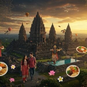 A majestic aerial view of Prambanan temple complex during golden hour, with intricate Hindu architectural details rendered in Madhubani art style. The foreground shows a modern Indian couple in casual travel attire exploring local experiences - the woman in a contemporary fusion kurti and the man in smart casuals. They're surrounded by floating elements creating a dream-like composition: a luxurious hotel suite with infinity pool overlooking the temples, traditional Javanese dancers in elaborate costumes, floating plates of colorful Indonesian dishes (nasi goreng, satay, gado-gado), and adventure elements like hot air balloons and cycling trails. The scene is framed with intricate mandala patterns in deep gold and peacock blue. Soft mystical light illuminates the entire scene, creating an ethereal atmosphere. Indonesian batik patterns subtly blend with Indian artistic motifs in the background. The style combines photorealistic architecture with surreal, magical elements, enhanced by warm lighting and a rich color palette of deep maroon, gold, and turquoise. Lotus flowers and frangipani blooms float throughout the composition, adding a spiritual touch.