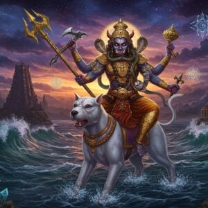 A majestic scene depicting Lord Bhairava in a dynamic pose, wielding his trishul in his right hand and damaru in left, mounted on his celestial white dog vahana. He wears traditional ancient Indian armor with intricate gold patterns, adorned with serpents and skull ornaments. His fierce yet protective expression is highlighted by his third eye. The background features a mystical island (dweepam) surrounded by turbulent waters under a dramatic twilight sky with swirling cosmic energies in deep purples and blues. Floating mandala patterns and yantra symbols in gold emanate spiritual energy. The scene includes ethereal floating crystals, ancient temple spires emerging from misty clouds, and subtle hints of supernatural elements like ghostly spirits and celestial weapons. The art style combines traditional Thanjavur painting techniques with modern digital fantasy art, using a rich color palette of deep indigos, burnished golds, blood reds, and ethereal white glows. The overall composition creates a powerful, cinematic atmosphere with dramatic lighting and dynamic movement.
