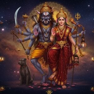 A majestic scene depicting Lord Bhairava and Goddess Bhairavi in divine union, set against a cosmic backdrop swirling with deep indigo and golden energy. Bhairava appears fierce yet protective, with ash-smeared skin, three blazing eyes, and eight arms holding traditional weapons - damaru, trishul, sword, shield, skull staff, noose, drum, and a bowl made of skull. His serpent ornaments glisten, and his dog companion sits vigilantly nearby. Bhairavi appears radiant with four arms, holding a sword, trident, severed head, and blessing mudra, adorned in a deep red silk saree with gold embroidery. Both deities are surrounded by intricate Tantric yantra patterns and floating lotus flowers. The background features subtle Madhubani-style motifs in gold. Ethereal light emanates from both deities, creating a mystical atmosphere. The scene is rendered in a combination of hyperrealistic digital art with traditional Indian art elements, featuring deep maroons, midnight blues, and brilliant gold accents. Floating diyas and sacred symbols add to the spiritual ambiance.