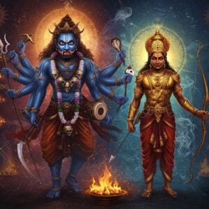 A dramatic composition showing Bhairava and Karna in a divine ethereal setting. Bhairava appears as a fierce form with eight arms holding trishul, damaru, sword, shield, skull-cup, snake, drum, and noose, adorned with a garland of skulls, deep blue complexion, and three piercing eyes with the third eye emanating intense light. Karna stands regally beside him, wearing golden kavach-kundal armor that gleams with divine light, holding Vijaya bow, dressed as a warrior with ornate golden crown. Both figures are surrounded by swirling cosmic energies in deep indigo, maroon and gold. The background features intricate Madhubani-style patterns with celestial motifs. Floating mandalas and yantra patterns in metallic gold add spiritual depth. The scene is illuminated by ethereal light sources - one harsh and fierce around Bhairava, another warm and noble around Karna. Smoke tendrils and spiritual symbols float in the space between them. The art style combines hyperrealistic digital rendering with traditional Indian artistic elements. The overall mood is mystical and powerful, with a color palette of deep blues, burning golds, rich crimsons and cosmic purples.
