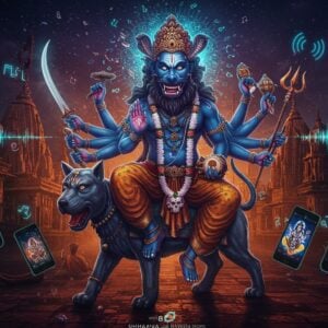 A majestic, modern digital representation of Lord Bhairava with eight arms, seated on his celestial vahana, the dog. His fierce form illuminated by neon blue and cosmic purple auras, wearing a garland of skulls and serpents. In his hands holding traditional weapons - damaru (drum), trishul (trident), sword, and skull cup, while other hands form mudras. His third eye glows with intense energy. Around him, floating holographic music notes and sound waves in metallic gold and electric blue create a dynamic sphere. The background features a futuristic cityscape with traditional temple spires merging into modern skyscrapers. Translucent smartphones displaying Bhairava wallpapers and ringtone wavelengths float in the space. The art style combines traditional Tantric iconography with cyberpunk elements, rendered in rich deep colors - midnight blue, burning orange, and metallic gold. Subtle Madhubani patterns flow through the composition like digital circuit boards. The lighting creates a dramatic contrast between deep shadows and brilliant divine light, emphasizing the mystical atmosphere. Ultra-detailed, cinematic quality, 8K resolution.