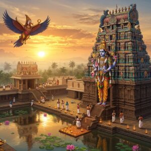 A majestic aerial view of Bhaktavatsala Perumal Temple during sunrise, with golden sunrays illuminating its ornate Dravidian architecture. Lord Vishnu as Bhaktavatsala stands tall in the center, four-armed, holding Sankha in upper right hand, Chakra in upper left, lotus in lower right, and gada in lower left, adorned in pitambara vastram and precious jewels. The temple's vimanam features intricate Madhubani-style patterns in deep maroon and peacock blue, with golden highlights. Sacred lotus pond in foreground reflects the temple's image, surrounded by devotees in traditional Tamil attire performing pradakshina. Mythical Garuda flies above, casting a divine shadow. Background showcases Tamil Nadu's landscape with palm trees and morning mist. Art style combines hyperrealistic digital rendering with traditional Pattachitra elements, ethereal lighting effects, floating diyas, and subtle mandala patterns in the sky. The scene radiates spiritual energy through soft golden aura and floating flower petals.