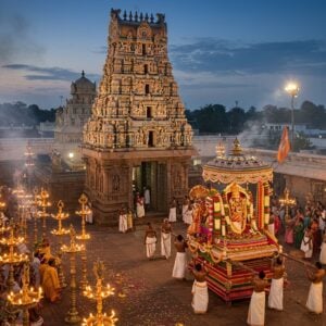 A majestic aerial view of Bhaktavatsala Perumal Temple during festival time, illuminated by hundreds of traditional brass oil lamps and modern spotlights, creating a golden ethereal glow against a deep blue dusk sky. The temple's traditional Dravidian architecture with intricate stone carvings is adorned with fresh flower garlands in vibrant colors. In the foreground, devotees in traditional South Indian attire perform a ceremonial procession, carrying the ornate utsava murthi of Lord Vishnu on a decorated golden palanquin. The deity is adorned with precious jewels and fresh flowers, while Temple elephants decorated with traditional temple ornaments and bells lead the procession. Surrounding the scene are multiple layers of colorful temple flags and thoranams (decorative hangings). The atmosphere is enhanced by rising incense smoke creating mystical patterns in the air, mixed with scattered flower petals. The scene is rendered in a style combining traditional Tanjore art techniques with modern digital art aesthetics, featuring rich gold leaf effects, deep jewel tones, and intricate mandala patterns in the sky. Soft bokeh effects and subtle lens flares add a contemporary cinematic quality to the composition.