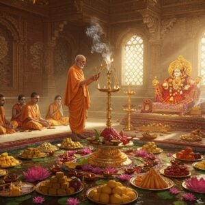 A grand ornate temple interior with golden light streaming through windows, showing a traditional Bhog Aarti ceremony in progress. In the center, an elderly Indian priest in saffron dhoti performs the aarti with an intricate gold thali containing five-wicked deepam. Multiple plates of vibrant prasad offerings including fruits, sweets, and flowers arranged in Madhubani-style patterns surround a decorated deity. Floating diyas and lotus flowers create concentric circles in a decorative water body in the foreground. Devotees in traditional Indian attire are seated respectfully, their faces illuminated by the warm glow of the aarti flames. Intricate mandala patterns in deep maroon and peacock blue adorn the temple walls. Wisps of sacred incense smoke form ethereal patterns in the air, backlit by soft golden rays. The scene captures the divine moment with a mix of photorealistic details and surreal spiritual energy, with floating light particles and subtle auras around the sacred elements. The color palette focuses on deep golds, saffrons, and rich burgundies with accents of celestial blues.