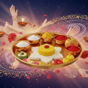 A meticulously arranged traditional Indian thali with ornate golden rim, floating in a mystical space, surrounded by vibrant digital holographic design elements. The thali contains perfectly arranged traditional bhog items - white rice shaped like a lotus, golden yellow kesari halwa, crimson sindoor, fresh fruits, and flowers. Multiple ethereal hands in warm golden light reaching towards the thali, creating a divine atmosphere. Intricate Madhubani-style patterns flow in the background in shades of deep blue and saffron. Decorative elements include digital mandalas, floating diyas with soft glowing flames, and shimmering peacock feathers. Swirling patterns of rice grains and flower petals create dynamic movement around the central thali. The scene is illuminated by soft, heavenly rays in pastel pink and gold. Modern gradient effects blend with traditional Indian art motifs. The composition emphasizes both the sacred nature of bhog and contemporary design aesthetics. Hyperrealistic 3D rendering, ethereal lighting, cinematic composition, high-end product photography style.