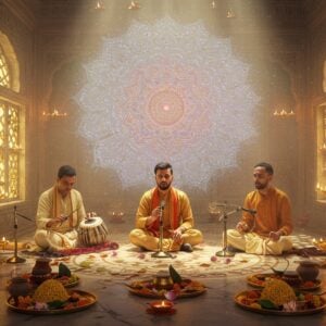 A serene indoor temple scene with rays of golden light streaming through ornate windows, illuminating a group of three Indian classical singers in traditional attire (cream and saffron colored kurtas) sitting cross-legged on an intricately designed marble floor. Their faces show deep devotion as they sing, with their eyes closed in spiritual ecstasy. Around them, beautiful bronze plates of bhog offerings decorated with marigolds and lotus flowers. The background features a large, ethereal mandala pattern in soft pastels (rose gold, lavender, and pale blue) that seems to emanate musical notes as subtle energy waves. Floating diyas with glowing flames create a mystical atmosphere. The scene is enhanced with wispy trails of incense smoke forming delicate patterns in the air. Art style combines traditional Madhubani patterns in the details with modern digital art techniques, emphasizing photorealistic lighting and atmospheric effects. The overall color palette focuses on warm golds, deep maroons, and peaceful blues, creating a harmonious blend of devotion and artistic beauty.