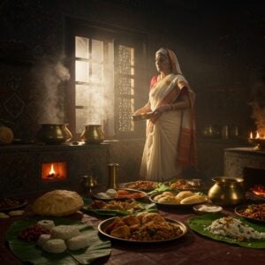 A dimly lit traditional Bengali kitchen with rich mahogany and deep crimson tones, where an elderly Bengali woman in a traditional white saree with red border stands preparing bhog (sacred food offerings). Steam rises mystically from brass utensils, creating ethereal patterns in golden light streaming through a window. Multiple dishes of traditional Bengali bhog items are arranged on banana leaves, including sweet rice pudding, luchi, and various curries, their colors vivid and enticing. In the background, dark shadows form ominous silhouettes suggesting mystery and tension. The scene features intricate Madhubani-style patterns on the kitchen walls in deep indigo and maroon. A sacred tulsi plant in the corner emits a subtle spiritual glow. The lighting is dramatic with warm amber highlights contrasting with deep shadows, creating a cinematic atmosphere. The composition should blend hyperrealistic food photography with subtle supernatural elements, incorporating both devotional and suspense elements. Soft focus on the edges creates a dreamlike quality while maintaining sharp detail on the food offerings.