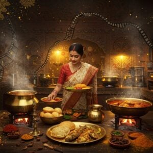 A cinematic scene depicting a traditional Bengali kitchen with ethereal lighting, where steam rises from brass utensils containing authentic Bengali dishes like mishti doi, rosogolla, and fish curry. A beautiful Bengali woman in a red-bordered white saree stands gracefully, her hands delicately arranging food on a bronze thali. The kitchen features intricate Madhubani-style patterns on its walls in deep indigo and maroon. Floating golden mandalas and swirling patterns frame the scene, creating a surreal atmosphere. Modern stainless steel appliances blend seamlessly with traditional cooking vessels. Warm, ambient lighting casts a golden glow, while floating specks of turmeric and spices create a magical atmosphere. In the background, a vintage film reel unwinds, transforming into flowing ribbons of celluloid that morph into Bengali script. The overall color palette includes rich Bengali mustard yellow, terracotta red, and deep navy blue, with hints of burnished gold. Photorealistic style with magical realism elements, cinematic lighting, and depth of field blur.
