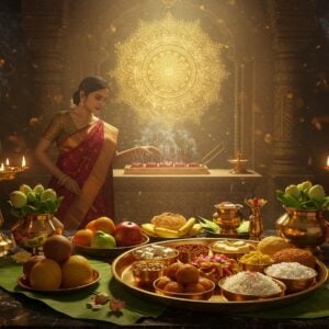 A luxurious temple kitchen setting with golden light streaming through ornate windows, where an elegant Indian woman in a rich maroon silk saree with gold border performs sacred food preparation. On a gleaming brass thali, perfectly arranged Bhog items are displayed - fresh fruits, sweets (ladoo, kheer), and fragrant rice adorned with saffron strands. The thali rests on an intricately carved wooden altar decorated with fresh lotus flowers and tulsi leaves. In the background, a large, glowing mandala pattern emerges from smoke of burning incense, creating a ethereal atmosphere. Modern marble countertops blend seamlessly with traditional brass utensils. Floating diyas cast warm highlights on copper and silver vessels. The scene incorporates both traditional elements (banana leaves, clay pots) and modern serving aesthetics (crystal bowls, geometric patterns). Soft bokeh effects and lens flares enhance the divine atmosphere. The color palette features deep maroons, burnished golds, emerald greens, and warm amber tones. Digital art style merging hyperrealism with traditional Madhubani patterns in background details. The lighting is dramatic yet serene, emphasizing the sacred nature of the offering.