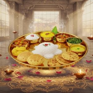 A detailed traditional Indian thali adorned with intricate Bhog offerings on golden plates, floating ethereally above a luminous mandala floor pattern. The thali features perfectly arranged pure vegetarian dishes - white rice shaped like a lotus, yellow dal garnished with ghee, vibrant green saag, golden-brown puris, crimson-colored sweet chutney, and a small bowl of sacred water. Swirls of divine light and sacred smoke emanate from the offerings, creating a mystical atmosphere. The background showcases a modern minimalist temple interior with sleek marble pillars and geometric patterns inspired by traditional Indian architecture. Soft rays of sunlight filter through contemporary stained glass windows, casting prismatic patterns on the scene. Small floating diyas with blue flames surround the thali, while subtle holographic displays showing the time "2025" shimmer translucently in the background. The entire scene is rendered in a fusion of traditional Madhubani art style with modern digital aesthetics, using a color palette of deep gold, saffron, burgundy, and celestial blue with accents of rose gold and pearl white. Particles of light and flower petals float gracefully around the composition.