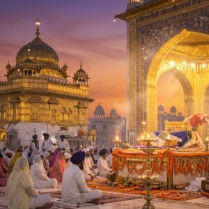 A serene evening scene at a Gurudwara with its golden domes illuminated against a deep purple-orange sunset sky. In the foreground, a group of Sikh devotees dressed in pristine white traditional attire sit cross-legged on white marble floors, their heads covered respectfully. The Guru Granth Sahib is placed on an ornate wooden platform decorated with fresh marigold and jasmine flowers. Rays of golden light stream through large arched windows, creating a divine atmosphere. The scene includes traditional brass diyas with soft glowing flames, and floating flower petals. In the background, traditional ragis playing harmonium and tabla, creating a peaceful ambiance. The architecture features intricate Persian-style patterns and motifs in gold and deep blue. Ethereal wisps of incense smoke curl upward, catching the golden light. The overall composition emphasizes peace, spirituality, and community, rendered in a style blending photorealism with subtle traditional Indian art elements, using a warm color palette of gold, white, and deep blues.
