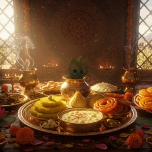 A grand traditional Indian kitchen scene with sunlight streaming through ornate windows, illuminating an elaborate arrangement of brass and copper vessels filled with festival bhog offerings. In the center, a decorative silver thali adorned with intricate Madhubani-style patterns holds colorful prasad items - yellow kesari halwa, white rice kheer garnished with saffron strands, golden-brown modaks, and vibrant red-orange jalebi. Fresh marigold and lotus flowers frame the scene, their petals scattered artistically. Smoke from burning incense creates ethereal swirls in the background, where a large mandala design glows softly on the wall. Traditional Indian spices like cardamom, cinnamon, and saffron threads float magically in the air, catching golden light. The scene features rich colors of deep maroon, saffron orange, and peacock blue in the background elements. Multiple small diyas with golden flames create a warm, divine atmosphere. The composition is enhanced with traditional Pattachitra-style border patterns featuring peacocks and lotus motifs. Hyperrealistic digital art style with magical realism elements, soft depth of field, and cinematic lighting.