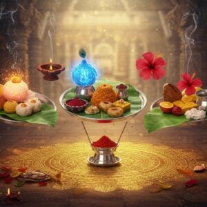 A grand ornate silver thali adorned with traditional bhog offerings floating ethereally above a mystical golden mandala, with Lord Ganesha's favorite modak glowing with divine light on the left, Krishna's beloved makhan mishri illuminated in blue aura in the center, and Maa Durga's preferred pure red hibiscus flowers radiating crimson energy on the right. The offerings are artistically arranged on banana leaves with intricate Madhubani-style patterns. Wisps of sacred incense smoke form delicate spiritual symbols in the background. The scene is set in a temple interior with carved pillars, where soft rays of morning sunlight create a heavenly atmosphere. Small details include fresh fruits, sweets, and sacred items like kumkum and rice grains arranged in traditional patterns. The color palette combines deep maroons, saffron, gold, and peacock blue with modern gradient effects. Floating diyas cast a warm glow over the scene, while subtle sparkles and lens flares add a contemporary digital art feel. The composition maintains authentic Hindu iconography while incorporating surreal, floating elements and modern lighting effects.
