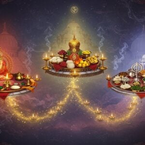 A ethereal scene showing three distinct offering altars arranged in a celestial triangle formation against a mystical backdrop. The central altar features traditional Hindu bhog with elaborate silver thalis containing fruits, sweets, and modak, illuminated by brass diyas. To the left, a Buddhist offering table with butter lamps, rice mandalas, and ceremonial scarves in deep crimson and saffron. To the right, a Sikh langar setting with steel thalis of karah prasad and wholesome vegetarian food. Each altar floats on lotus platforms, connected by flowing golden light streams. The scene is decorated with intricate Madhubani-style borders featuring peacocks and sacred symbols. Soft orbs of divine light in pastel blues and pinks illuminate the scene from above. Smoke from incense creates delicate swirls in the air, carrying geometric mandala patterns. The background shows a subtle temple architecture merging different cultural motifs - Hindu gopurams, Buddhist stupas, and Gurudwara domes in a dreamy, watercolor style. The overall color palette focuses on deep maroons, burnished golds, and ethereal blues, with highlighted details in metallic finishes. Hyperrealistic digital art style with surreal elements.
