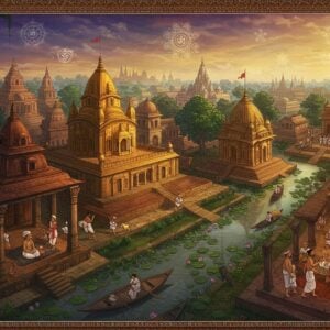 A grand aerial view of ancient Bikrampur, rendered in rich Madhubani-inspired art style, showing interconnected historical monuments and temples with intricate architectural details. The scene features a magnificent Buddhist monastery in golden-saffron hues, surrounded by terracotta temples with detailed carvings. In the foreground, traditionally dressed Bengali scholars and artists engage in intellectual discussions near ornate stone pillars. The Buriganga River flows through the composition with small boats carrying traders. The landscape includes lush banyan trees with hanging roots, flowering lotus ponds, and ancient stone pathways. Mystical soft light bathes the scene in warm golden tones, while detailed patterns inspired by Bengali folk art adorn the borders. Ethereal floating mandalas and spiritual symbols hover in the sky, casting a subtle glow. The color palette combines deep maroons, peacock blues, and burnished golds with modern digital finishing. Photorealistic details blend seamlessly with traditional art elements, creating a surreal, timeless atmosphere.