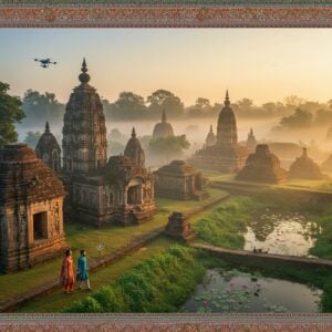 A stunning aerial view of ancient Bikrampur ruins at golden hour, featuring intricately carved Buddhist monasteries and Hindu temples with ornate spires emerging from lush Bengali vegetation. In the foreground, a modern Indian couple in contemporary travel attire (the woman in a fusion kurti and pants, the man in casual modern wear) explores the historical site. The scene is composed in Madhubani-inspired art style with rich jewel tones of deep sapphire, emerald green, and burnished gold. Ancient carved stupas and weathered stone sculptures dot the landscape, while traditional Bengali terracotta architecture details are visible in the background. Ethereal morning mist partially shrouds distant monuments, creating a mystical atmosphere. Delicate lotus flowers float in a nearby pond, reflecting the warm sunlight. The scene is enhanced with modern elements like subtle drone photography equipment and sleek travel gear, suggesting contemporary tourism. The artwork features intricate border patterns inspired by traditional Bengali kantha embroidery, with peacocks and floral motifs in rich colors.