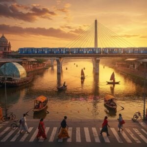 A breathtaking aerial view of a modern Indian cityscape merging with historical architecture, showcasing a grand golden-hued bridge stretching across a serene river, decorated with intricate Madhubani-style patterns along its pillars. Modern metro trains with peacock-blue accents glide smoothly above while traditional wooden boats with saffron-colored sails navigate below. The scene features carefully detailed infrastructure elements: smooth highways with flowing traffic, contemporary bus stations with glass domes adorned with mandala patterns, and bicycle lanes lined with blooming lotus flowers. In the foreground, a group of local people in modern Indian attire walk purposefully across a beautifully designed pedestrian crossing decorated with traditional Bengali alpana patterns. The sky shows a warm sunset gradient from deep maroon to gold, with stylized clouds in Pattachitra art style. The entire composition is illuminated with a soft, ethereal glow, highlighting both the modern development and cultural heritage. The scene is rendered in a photorealistic style with magical realism elements, emphasizing both progress and tradition.