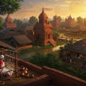 A stunning aerial view of ancient Bikrampur villages at golden hour, featuring traditional Bengali terracotta temples and rustic mud houses with thatched roofs arranged in a mesmerizing pattern. In the foreground, an elderly Bengali woman in a white and red bordered saree weaves tales on a traditional handloom, her silver hair gleaming in the sunlight. The scene is dotted with lush mango and jackfruit trees, their branches heavy with fruit. A meandering river reflects the warm sunset, while modern solar panels discreetly peek from some rooftops. Ancient Buddhist stupas and Islamic monuments blend seamlessly with the landscape, suggesting the area's rich religious heritage. The scene is rendered in a fusion of Pattachitra art style with modern digital aesthetics, using deep maroons, burnt oranges, and peacock blues. Ethereal golden light bathes the scene, while intricate mandala patterns float in the sky like clouds. Small vignettes of village life - pottery making, fishing in ponds, and children flying kites - are woven throughout the composition. Highly detailed, cinematic lighting, architectural accuracy, photorealistic textures