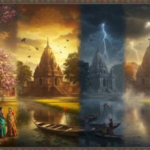 A serene panoramic view of Bikrampur's ancient temples and waterways through four seamlessly blending seasonal vignettes. In spring, vibrant Bengali women in colorful cotton sarees gather under blooming krishnachura trees with golden sunlight filtering through. Summer shows a dramatic monsoon scene with ancient architecture reflecting in rain-rippled pools, accented by lightning in dark clouds. Autumn depicts golden harvest fields with traditional boats floating on misty rivers. Winter presents morning fog rolling over terracotta temples with locals in warm shawls. The scene combines Madhubani-style decorative borders with modern digital art techniques, using a color palette of deep oranges, monsoon blues, harvest gold, and misty grays. Intricate mandala patterns in the sky represent the changing seasons, with floating lotus flowers and traditional Bengali motifs integrated throughout. The lighting creates a magical atmosphere with soft glows and dramatic weather effects. Hyperrealistic with a dreamlike quality, cinematic composition, detailed architectural elements, 8k resolution