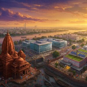 A panoramic aerial view of Bikrampur's modern industrial landscape at golden hour, featuring a blend of traditional Bengali architecture and contemporary industrial complexes. In the foreground, a beautifully detailed terracotta temple structure transforms into a modern glass-and-steel factory, symbolizing evolution. The scene includes bustling IT parks with reflective glass facades, textile manufacturing units with intricate Jamdani patterns decorating their walls, and sustainable green industrial zones with solar panels. Multiple layers of activity show workers in both traditional Bengali attire and modern business suits. The composition includes traditional wooden boats on the riverside seamlessly connecting to modern shipping docks. The sky features warm orange and purple hues with stylized mandala-pattern clouds. The art style combines hyperrealistic architectural details with ethereal Indian miniature painting techniques, emphasizing deep jewel tones of peacock blue, burgundy, and gold. Intricate Bengali alpana patterns flow through the streets like rivers, connecting different business zones. The scene is illuminated by both traditional oil lamps and modern LED lighting, creating a magical atmosphere.