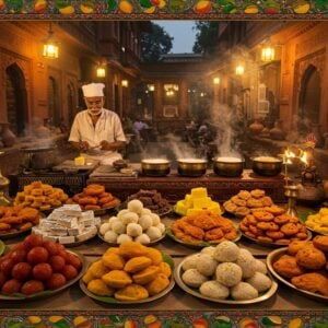 A bustling traditional Bengali marketplace in Bikrampur, illuminated by warm golden evening light, featuring an elaborate display of traditional Bengali sweets and delicacies arranged on brass plates and banana leaves. In the foreground, a masterfully arranged spread includes glistening rosogollas, saffron-colored jilapis, golden brown singara, and steaming plates of kachoris. The scene includes intricate Madhubani-style border patterns featuring mangoes, lotus flowers, and peacocks. An elderly Bengali sweet maker in traditional dhoti and kurta crafts sandesh with artistic precision while modern food bloggers with smartphones capture the moment. The background shows heritage architecture with detailed terracotta work typical of Bikrampur. Ornate brass utensils and clay pottery add authenticity. The lighting creates a dreamy atmosphere with soft bokeh effects and steam rising from fresh preparations. The color palette includes deep crimson, burnt orange, golden yellow, and rich brown tones, with touches of emerald green from banana leaves and paan. The scene combines traditional craftsmanship with modern food photography aesthetics, creating a bridge between heritage and contemporary culinary culture.