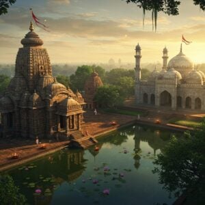An aerial perspective of ancient Bikrampur architecture, featuring a majestic Hindu temple with intricate carved spires and a grand mosque with elegant minarets coexisting harmoniously in a lush Bengali landscape. The temple showcases detailed Pala-era stone carvings with lotus motifs and geometric patterns, while the mosque displays characteristic Islamic geometric designs and calligraphy. Golden evening sunlight bathes the structures, creating dramatic shadows. In the foreground, a serene pond reflects the architecture, surrounded by centuries-old banyan trees with hanging roots. The scene includes subtle spiritual elements like floating lotus flowers, glowing diyas, and wisps of incense smoke. The art style combines traditional Madhubani patterns in the details with modern digital art techniques, using a rich color palette of deep maroons, peacock blues, burnished golds, and emerald greens. Ethereal light particles and subtle mandala patterns float in the air, suggesting the spiritual significance of the site. Hyperrealistic architectural details blend with mystical atmospheric effects, creating a dreamy yet historically accurate representation of Bikrampur's religious heritage.
