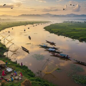 A majestic aerial view of the mighty Brahmaputra River in Upper Assam during golden hour, its serpentine path creating intricate Madhubani-style patterns in deep blues and golds. Traditional wooden boats with colorful motifs dot the river, while lush tea gardens in emerald green stretch along the banks. In the foreground, a group of Assamese women in traditional mekhela chadors (white and gold) are weaving on traditional looms under a sprawling bamboo grove. The river banks show detailed patterns of agricultural fields in geometric shapes, resembling Pattachitra art. Mist-covered Himalayan foothills in the background blend with clouds in swirling patterns. Water birds like bharadwaj and adjutant storks soar overhead. The scene features floating lotus flowers, creating a mirror-like reflection in the calm waters. The lighting is ethereal with soft golden rays filtering through monsoon clouds, creating a dreamlike atmosphere. Delicate patterns of fishing nets create mandala-like formations on the water surface. The composition shows the harmonious coexistence of nature, culture, and human activity in rich, deep colors of peacock blue, saffron, and emerald green, with modern digital art finishing.
