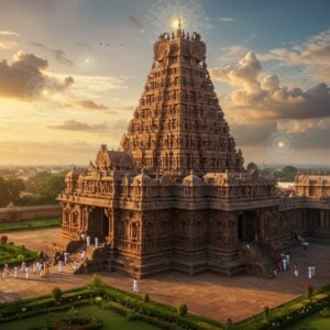 A majestic aerial view of the Brihadisvara Temple during golden hour, with its 216-foot tall vimana casting long shadows across the courtyard. The massive granite structure features intricate Chola architecture with detailed stone carvings of deities and dancers. The main gopuram reflects warm sunlight on its golden kalasam, creating a divine glow. In the foreground, small groups of devotees in traditional Tamil attire (men in white veshtis and women in silk sarees) circumambulate the temple. The surrounding landscape shows perfectly manicured gardens with blooming lotus ponds. Soft rays of light filter through clouds, creating divine light beams. The scene incorporates mystical elements with translucent, ethereal mandalas floating in the sky, and subtle golden energy lines connecting the temple's architectural elements. The color palette includes deep oranges, royal blues, and gold accents, while maintaining the authentic granite texture of the temple. Art style combines hyperrealistic architectural details with magical realism, emphasizing the temple's grandeur and spiritual significance. The composition showcases the massive scale of the temple while including intricate details of the Chola-era sculptures and bas-reliefs.