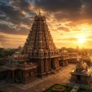 A majestic aerial view of the Brihadisvara Temple during golden hour, with its 216-foot-tall vimana casting a dramatic diagonal shadow across the temple courtyard. The temple's pyramidal structure is rendered in intricate detail, showcasing the precise Dravidian architecture with its ornate tiers and golden kalasha crown. The granite stones display a warm honey-gold color, with detailed carvings of deities and mythological scenes visible on the walls. In the foreground, the massive Nandi statue reflects the setting sun's rays. The scene incorporates surreal elements with floating sacred geometry patterns and mandala designs in deep indigo and gold, interweaving with the actual architectural elements. Small beams of divine light pierce through clouds, illuminating specific architectural features. The surrounding landscape shows beautiful gardens with intricate kolam patterns. The art style combines photorealistic architectural details with ethereal Indian traditional art elements, featuring a color palette of deep oranges, golden yellows, and rich blues. Hyperdetailed, cinematic composition, architectural photography aesthetics --ar 16:9