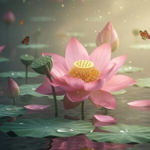 A serene close-up shot of a majestic pink Nelumbo Nucifera (Sacred Lotus) flower in full bloom, emerging from crystal-clear water, with droplets delicately balanced on its petals. The center seed pod is detailed in hyperrealistic style, showcasing the distinctive pattern of seeds. Surrounding the main lotus are smaller lotus buds at various stages of blooming, creating depth. A soft ethereal mist hovers above the water surface, illuminated by golden morning light. Traditional Madhubani-style patterns appear as subtle reflections in the water. The scene features a gradient color palette from deep emerald green lotus leaves to soft pink petals to golden highlights. Small butterflies with intricate Indian patterns on their wings hover nearby. The overall composition is modern and minimalist yet deeply rooted in Indian artistic traditions, with a shallow depth of field creating a dreamy, premium product photography aesthetic. Photorealistic rendering with attention to texture and detail, especially on the lotus petals and seeds.