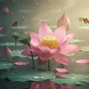 A serene close-up shot of a majestic pink Nelumbo Nucifera (Sacred Lotus) flower in full bloom, emerging from crystal-clear water, with droplets delicately balanced on its petals. The center seed pod is detailed in hyperrealistic style, showcasing the distinctive pattern of seeds. Surrounding the main lotus are smaller lotus buds at various stages of blooming, creating depth. A soft ethereal mist hovers above the water surface, illuminated by golden morning light. Traditional Madhubani-style patterns appear as subtle reflections in the water. The scene features a gradient color palette from deep emerald green lotus leaves to soft pink petals to golden highlights. Small butterflies with intricate Indian patterns on their wings hover nearby. The overall composition is modern and minimalist yet deeply rooted in Indian artistic traditions, with a shallow depth of field creating a dreamy, premium product photography aesthetic. Photorealistic rendering with attention to texture and detail, especially on the lotus petals and seeds.