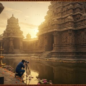 A majestic ancient Dravidian temple complex at sunrise, with golden rays illuminating its ornate gopuram adorned with intricate sculptures of Vishnu's various avatars. In the foreground, a serene reflection pool mirrors the temple's grandeur, with floating lotus flowers and scattered marigold petals. A young Indian photographer in contemporary clothing (navy blue kurta) kneels reverently while setting up a professional camera on a tripod. Divine light streams through the temple's pillared corridors, creating dramatic light beams. Ethereal peacock blue and saffron mist swirls around the temple's base. Traditional Madhubani-style patterns frame the scene, featuring celestial motifs and sacred geometric designs in gold and deep maroon. Detailed stone carvings of Lord Vishnu in his cosmic reclining pose on Adisesha visible on temple walls. The atmosphere combines mystical spirituality with modern photography elements, rendered in a style blending traditional Indian art with contemporary digital aesthetics. Soft morning light creates a dreamlike quality, with subtle lens flares and bokeh effects.