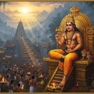 A majestic Lord Ayyappa seated in padmasana on a golden throne atop Sabarimala temple, wearing traditional black dhoti and rudraksha malas. His right hand shows chinmudra while left hand rests on knee. Behind him, an ethereal 18 sacred steps glowing with divine light leads to the temple sanctum. The scene features thousands of devotees in black carrying irumudi on their heads, creating a mesmerizing sea of devotees climbing the steps. The background shows the misty Western Ghats at dawn with golden sunlight breaking through clouds. Multiple oil lamps illuminate the temple premises creating a magical atmosphere. Sacred forest surrounding the temple shows peacocks and tigers, symbolizing the lord's divine presence. Intricate Malayali architectural details on temple with gold accents. The art style combines hyperrealistic digital rendering with traditional Kerala mural art elements, featuring deep blues, blacks and gold color palette. Soft divine light emanates from Ayyappa's form, creating a supernatural aura. Small details include floating jasmine flowers, burning camphor, and ceremonial implements used in Makaravilakku festival.