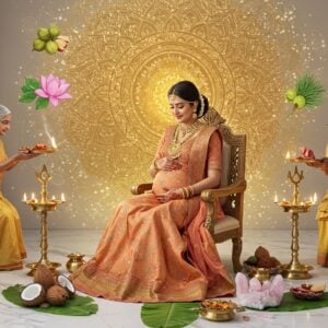 A radiant Indian mother-to-be in a flowing silk peach-colored anarkali, adorned with traditional gold jewelry and vermillion bindi, sits peacefully on an ornate carved wooden chair. Her hands rest gently on her baby bump, which is decorated with intricate henna patterns featuring peacocks and lotus motifs. Behind her, a large, glowing mandala in gold and saffron gradients radiates spiritual energy. The scene is set in a modern minimalist room with white marble floors, where traditional brass diyas and coconuts arranged on banana leaves create a sacred space. Floating around her are ethereal visualizations of traditional herbs like shatavari and Indian gooseberry, rendered in soft, luminescent pastels. Two elderly Indian women, representing wisdom of generations, perform aarti with golden thalis decorated with fresh jasmine flowers. The lighting is warm and divine, with soft rays filtering through sheer curtains. The art style merges traditional Madhubani patterns in the details with modern digital aesthetics, using a color palette of gold, peacock blue, soft pink, and cream. Crystal clusters and rose quartz stones are scattered around, adding a contemporary spiritual touch.