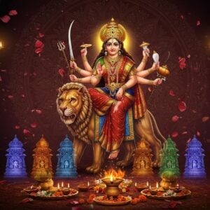 A magnificent scene depicting Goddess Durga in her divine form with 10 arms, riding her majestic lion against a backdrop of a large, ornate mandala. She holds her traditional weapons - trishul in the main right hand, sword, chakra, and lotus in others, each detailed in gleaming gold. Her face is serene and powerful, adorned with a golden crown and traditional jewelry. Her red and gold silk saree flows dynamically. The background features nine small glowing shrines representing the nine days, each emanating different colored auras (red, blue, yellow, green, grey, orange, white, peacock blue, and pink). Sacred items like kalash, diyas, and fresh marigold garlands are arranged in the foreground in a contemporary geometric pattern. The scene is illuminated by soft, ethereal light with subtle sparkles. The art style combines traditional Madhubani patterns in the borders with modern digital aesthetics, using deep maroons, royal blues, and burnished golds. Floating lotus petals and sacred smoke add movement and mysticism to the composition.