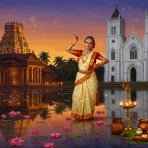 A panoramic view of Changanassery at twilight, featuring an ornate Hindu temple with traditional Kerala architecture in gold and maroon on the left, its reflection shimmering in a serene pond filled with pink lotus flowers. On the right, a majestic white Syrian Christian church with Gothic spires stands tall. The center shows a traditional Kerala woman in an elegant cream and gold kasavu saree performing Thiruvathirakali dance, her hands gracefully positioned, adorned with jasmine flowers in her hair. Behind her, tall coconut palms sway against a dreamy purple-orange sky. The foreground displays traditional Kerala elements - brass nilavilakku (oil lamps), banana leaves with sadya (traditional feast), and kathakali masks. The scene is rendered in a fusion of Madhubani and modern digital art style, with intricate patterns and motifs in deep peacock blue, saffron, and gold. Ethereal glowing orbs and soft light rays filter through the scene, creating a mystical atmosphere. The composition includes delicate mandala patterns in the sky, seamlessly blending Hindu and Christian architectural motifs.
