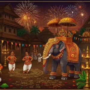 A vibrant street scene in Changanassery during festival time, featuring intricate Madhubani-style buildings with traditional Kerala architecture elements. In the foreground, a grand elephant adorned with golden nettipattam and colorful decorations stands majestically, carrying ceremonial umbrellas. Traditional Kerala dancers in pristine white and gold kasavu mundu perform Thiruvathirakali in a circular formation. The scene is illuminated by hundreds of brass nilavilakku (traditional lamps) creating a warm golden glow. Decorative pandals with intricate kolam patterns and banana leaves frame the scene. Multiple layers of detail show various festival elements - Kathakali performers with elaborate headgear and facial makeup in one corner, Panchavadyam musicians playing traditional instruments in another. The sky features bursting fireworks in gold and blue, creating magical patterns. The entire scene is rendered in a fusion of traditional Pattachitra art style with modern digital aesthetics, using rich colors like deep maroon, royal blue, saffron, and gold. Floating lotus petals and glowing mandalas add a mystical element to the composition. The atmosphere captures both the grandeur and spiritual essence of Kerala festivals.