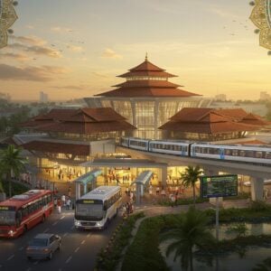 A bustling modern transportation hub in Changanassery, Kerala, with sleek glass and steel architecture blending seamlessly with traditional Kerala-style elements like sloped clay-tiled roofs and wooden accents. The central focus shows a grand circular terminal building with a contemporary interpretation of a Kerala temple-style gopuram. Electric buses in vibrant KSRTC colors (red and yellow) arrive at modern boarding bays while a silver and blue double-decker train glides past on elevated tracks. The scene is illuminated by warm golden sunset light, creating dramatic shadows. In the foreground, well-dressed Indian commuters in both modern and traditional attire (kurtas, sarees, business wear) move purposefully through the space. Digital display boards emit a soft blue glow. The landscape includes lush coconut palms and water bodies typical of Kerala. Floating above the scene are intricate Madhubani-style pattern elements in gold and peacock blue, creating a mandala-like frame. The artwork should combine hyperrealistic architectural details with ethereal Indian art elements, rendered in a style that merges digital precision with traditional art forms.