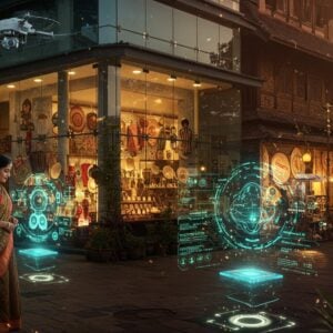 A vibrant street scene in Changanassery featuring a modern glass-fronted building seamlessly blended with traditional Kerala architecture, illuminated by warm golden evening light. In the foreground, an elegant Indian woman in a contemporary Kerala saree browses through artisanal products displayed in a sleek floating holographic showcase. The scene includes traditional brass lamps merged with futuristic LED lighting, creating a magical ambiance. Modern drone delivery systems hover above, carrying traditional woven baskets. The background shows a bustling marketplace with floating digital price displays above handcrafted products. Intricate Madhubani-style patterns adorn the building facades, glowing with subtle neon highlights. Local artisans work with both traditional tools and advanced 3D printing technology, creating a perfect blend of heritage and innovation. The color palette features deep Kerala gold, copper, emerald green, and electric blue, with soft holographic sheens. The scene is captured in a hyper-realistic digital art style with magical realism elements, featuring lens flares and floating light particles.