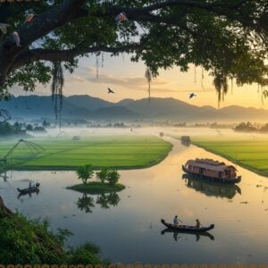 A breathtaking aerial view of Changanassery's lush green paddy fields stretching to the horizon, with traditional Kerala-style wooden houseboats gently floating on glistening backwaters. In the foreground, a majestic banyan tree with hanging roots frames the scene, its branches adorned with vibrant kingfishers and golden orioles. The scene features gentle morning mist rising from the water, creating an ethereal atmosphere. The Western Ghats mountains form a dramatic backdrop, painted in deep blues and purples. Small islands of coconut palms dot the waterscape, their reflections creating perfect mirrors in the still water. Traditional Kerala fishing nets silhouetted against a warm golden sunrise sky, with fishing boats carrying fishermen in traditional mundus. The scene incorporates intricate Madhubani-style border patterns in gold and peacock blue, featuring stylized lotus motifs and Kerala architectural elements. The lighting is soft and dreamy, with rays of sunlight filtering through morning clouds, creating a mystical atmosphere that highlights the natural beauty of the landscape. Art style should be photorealistic with magical realism elements, rendered in rich, deep colors typical of Kerala's landscape.