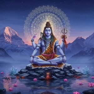 A serene scene showing Lord Shiva in deep meditation, seated in Padmasana on a silver-moonlit peak of Mount Kailash. Shiva has four arms, upper right holding trishul, upper left holding damaru, lower hands in dhyana mudra. His features are ethereal - third eye glowing with cosmic energy, crescent moon in flowing matted hair, sacred Ganga emerging from his locks, cobra around his neck. A translucent, cosmic mandala floats behind him, featuring 1008 intricately carved Sanskrit syllables transforming into streams of golden light. The background shows a mystical Himalayan landscape with snow-capped peaks bathed in purple-blue twilight. Soft rays of moonlight create a divine aura around Shiva. Crystal-clear water from the celestial Ganga flows around the base, reflecting the scene. Floating lotus flowers and vibhuti ash particles add depth. The art style combines traditional Thanjavur painting techniques with modern digital art, using a color palette of deep blues, silver, gold, and white, with subtle touches of orange from agni. Photorealistic rendering with ethereal lighting effects and a dreamy, spiritual atmosphere.
