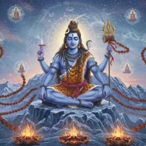 A serene cosmic scene featuring Lord Shiva in his Rudra form, seated in padmasana on a crystalline peak of Mount Kailash. His four arms hold the trishul, damaru, rudraksha mala, and abhaya mudra. His form radiates an ethereal blue aura with intricate Sanskrit vibrations visualized as golden soundwaves emanating from his third eye. His matted locks flow with the celestial Ganga, adorned with a crescent moon. The background shows a mystical blend of modern sacred geometry and traditional yantras in soft blue and silver hues. Multiple translucent lotuses float around him, each containing microscopic scenes of meditation and worship. Streams of rudraksha beads spiral through the composition, creating dynamic energy flows. The lighting combines cool moonlight with warm golden accents, creating a dreamy atmosphere. The art style merges hyperrealistic digital techniques with traditional Thanjavur painting elements, featuring metallic highlights and gem-like effects. Peaceful smoke from ritual fires adds depth and movement to the scene, while subtle mandalas pulse with divine energy in the background.