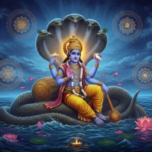 A serene, ethereal scene depicting Lord Vishnu in his divine form, reclining on the cosmic serpent Shesha Naga floating in a celestial ocean of deep blues and purples. Lord Vishnu has four arms - upper right hand holding the Sudarshan Chakra glowing with golden light, upper left hand holding the sacred conch Panchajanya emanating divine vibrations, lower right hand holding the mace Kaumodaki, and lower left hand holding a lotus flower. He wears a golden crown adorned with precious gems, radiant yellow pitambara garments, and the Kaustubha gem on his chest. Around him, multiple circular mandalas in shades of gold and saffron float like cosmic energy patterns. The scene features intricate Madhubani-style patterns in the background with modern digital gradients. Soft rays of divine light emerge from his form, while lotus petals and sacred symbols float ethereally. The lighting is otherworldly with a combination of cool blues from the cosmic ocean and warm golden hues from his divine aura. The art style merges traditional Indian iconography with contemporary digital art techniques, creating a mystical and meditative atmosphere.