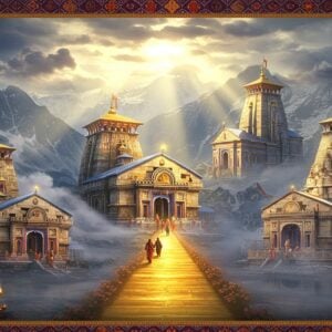 A majestic panoramic view of all four Char Dham temples seamlessly connected by a glowing golden pathway ascending through misty Himalayan peaks. Badrinath temple with its distinctive colorful shikhara stands amidst snow-capped mountains, Kedarnath's ancient stone structure reflects in a crystal-clear lake, Gangotri temple glows with ethereal light near the glacial source of the Ganges, and Yamunotri temple emerges from swirling steam of hot springs. The scene is illuminated by divine light breaking through clouds, creating golden halos around each shrine. Traditional Madhubani-style decorative patterns frame the corners, featuring sacred symbols like Om, conch shells, and lotus flowers in deep maroon and peacock blue. Devotees in traditional Indian attire are shown as small silhouettes making their way along the pathway. Mystical elements include floating diyas, prayer flags swaying in the wind, and ethereal wisps of incense smoke forming celestial patterns. The art style combines hyperrealistic architectural details with surreal lighting and traditional Indian artistic elements, rendered in a modern digital aesthetic with rich textures and atmospheric depth.