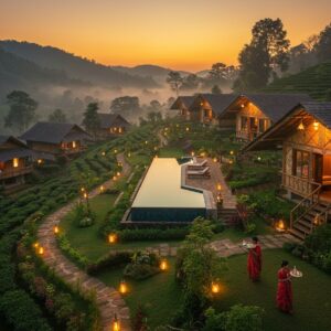 A majestic aerial view of Charaideo's ancient Ahom-era pyramidal mounds at sunset, with modern luxury eco-resorts seamlessly integrated into the landscape using traditional Assamese architecture. The resorts feature bamboo and wood structures with pitched roofs, surrounded by lush tea gardens and emerald forests. In the foreground, a beautifully lit infinity pool reflects the golden sky, while traditional Assamese-style cottages with modern glass facades dot the hillside. Warm, glowing lanterns line pathways through manicured gardens. Local women in traditional Mekhela Chadors carry welcome drinks on brass trays. The scene combines modern luxury amenities with cultural motifs - intricate bamboo work, traditional Assamese gamosa patterns, and tribal art elements adorning the walls. The lighting is warm and inviting, with soft golden hour sunlight casting long shadows across the landscape. The art style merges photorealistic architectural details with ethereal lighting and Madhubani-inspired decorative elements, creating a harmonious blend of ancient and contemporary aesthetics. The overall mood is serene and luxurious, with mist-covered hills in the background.