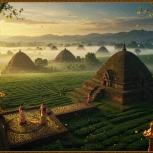 A majestic aerial view of the Charaideo burial mounds at golden hour, with ancient Ahom-style pyramidal structures rising from misty tea gardens, their distinctive architectural peaks piercing through low-hanging clouds. The foreground shows intricate Assamese motifs and patterns in gold leaf, while two traditionally dressed Assamese women in mekhela chadors (one in cream and gold, another in deep maroon) walk along a decorated stone pathway. Sacred lamp flowers and orchids frame the scene, while distant hills are bathed in a ethereal blue-gold light. The atmosphere is mystical with soft rays of sunlight filtering through ancient banyan trees. Traditional Assamese symbols like the jaapi (traditional hat) and xorai (offering plate) are elegantly incorporated into the border design. The art style combines hyperrealistic digital painting with traditional Assamese artistic elements, featuring a rich color palette of deep greens, royal golds, and earth tones. Floating golden particles and smoke add a supernatural element, suggesting the ancient royal heritage of the site.