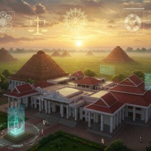 A majestic aerial view of Charaideo Maidam pyramidal burial mounds at sunset, rendered in intricate Madhubani-digital fusion style. The ancient burial mounds are depicted with golden-outlined geometric patterns, surrounded by lush Assamese tea gardens stretching to the horizon. In the foreground, a modern glass-and-steel administrative building seamlessly blends with traditional Ahom architecture, featuring ornate pillars and curved roofs in deep maroon and peacock blue. Floating mandala-like symbols representing justice (scales), administration (wheel), and civic services (interconnected hands) hover above the scene, rendered in glowing gold and saffron hues. The sky features ethereal patterns inspired by Assamese gamosa motifs in subtle pastels. Digital elements like holographic information displays are subtly integrated into the traditional architecture. The entire scene is bathed in a warm, spiritual glow, with rays of light filtering through clouds, creating a harmonious blend of heritage and modernity. Small details include traditional Assamese officials in modern attire walking through contemporary corridors, and ancient Ahom symbols etched in modern digital displays.